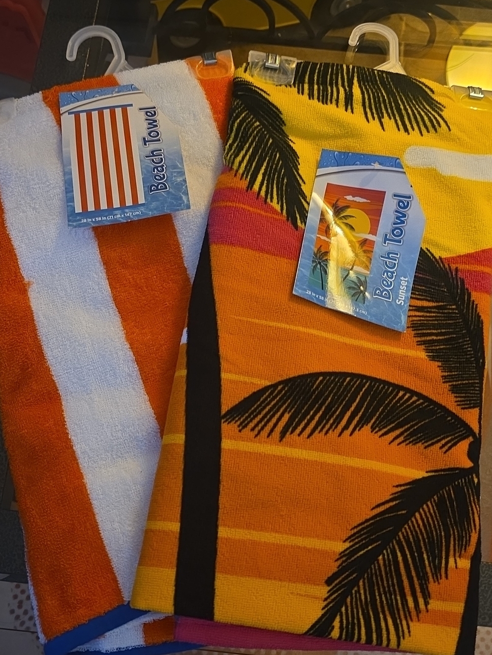 Beach Towels - Orange & White Striped + Sunset Palm Print